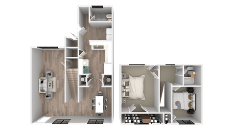 a 3d rendering of a bedroom and a floor plan of a house